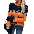 thumbnail image 4 of Women Autumn Winter Colorblock Pullover Sweaters Round Neck Striped Slim Fitting Knitwear Tops, 4 of 6