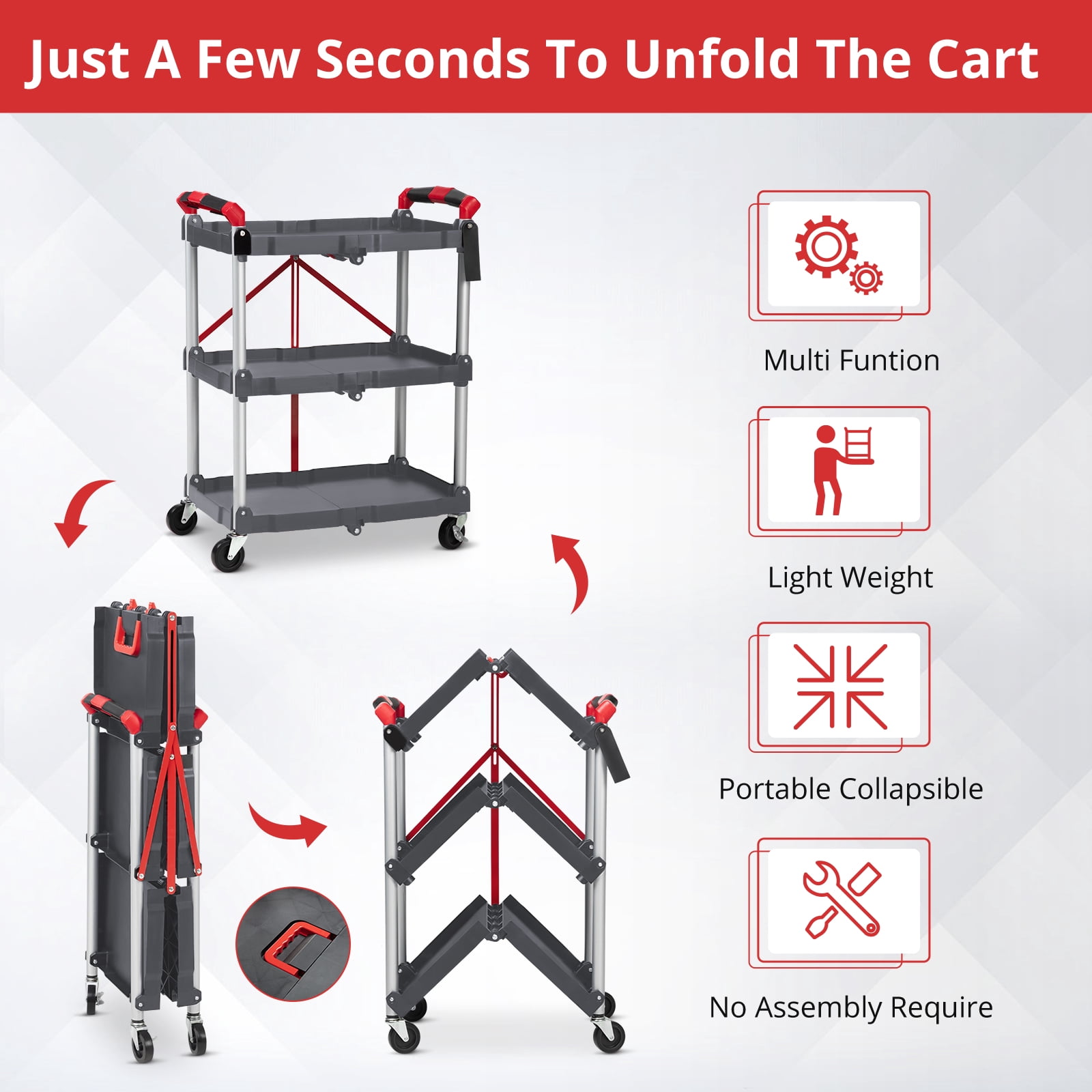 3-Tier Folding Collapsible Service Cart with Wheels, 167 Lbs Loading Capacity, Foldable Rolling Utility Cart for Garage, Warehouse, Home, Restaurant, Office, Grey & Red