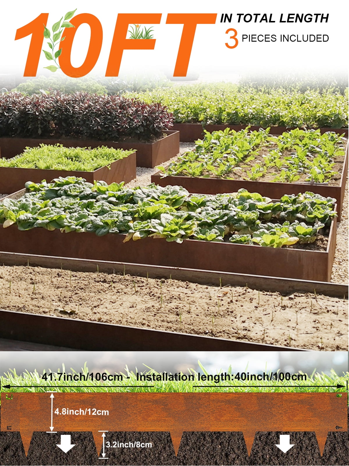 Vinci Landscape Edging Border, 40" L x 8" H 3Pack 10FT Total Rusted Corten Steel Garden Edging,Easy Installation,Sturdy Elegant Metal Lawn Broder for Flower Beds, Pathways, Paver Edges and Yard