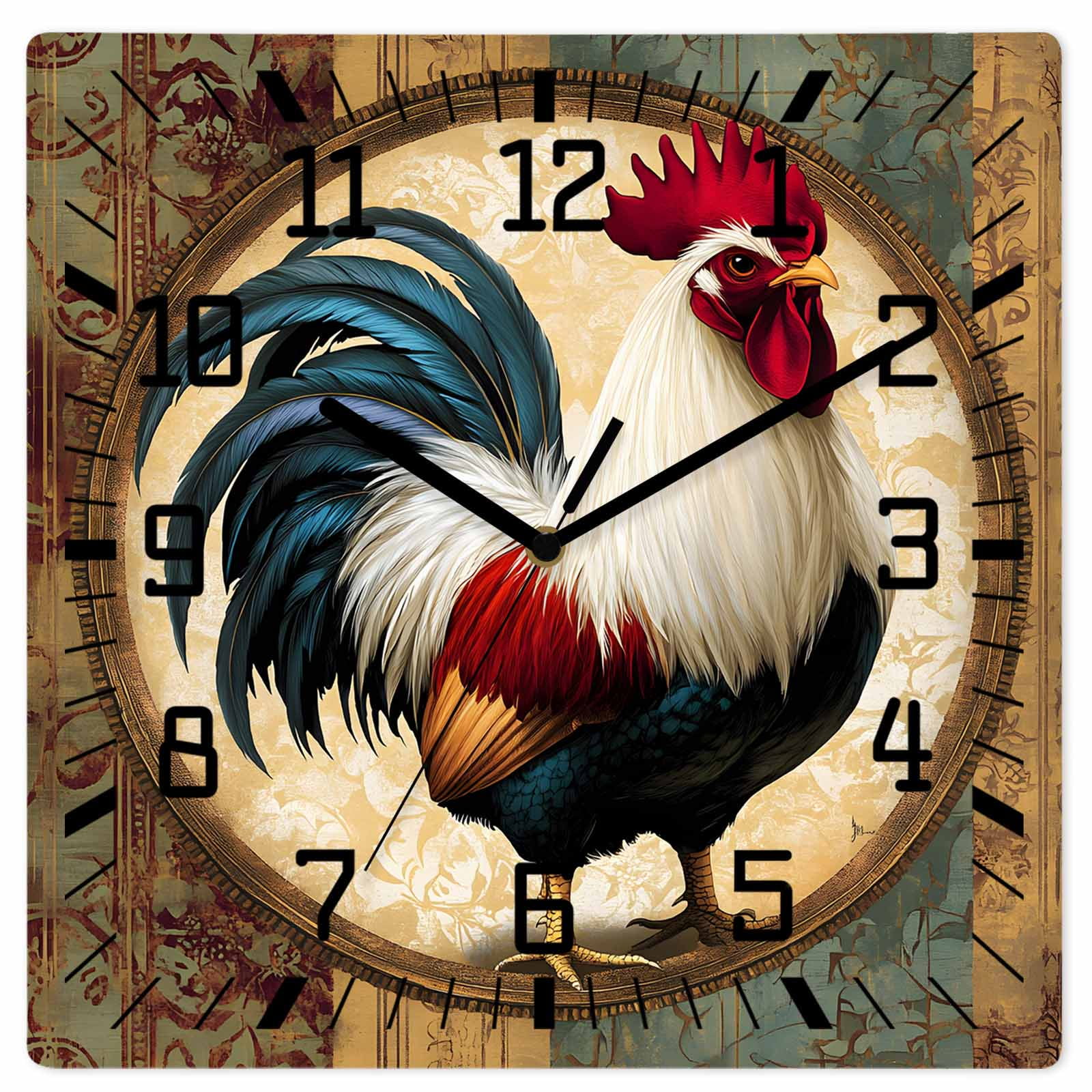 Rooster Wooden Wall Clock Silent Non Ticking, Vintage Rustic Farmhouse Style Oil Painting Square