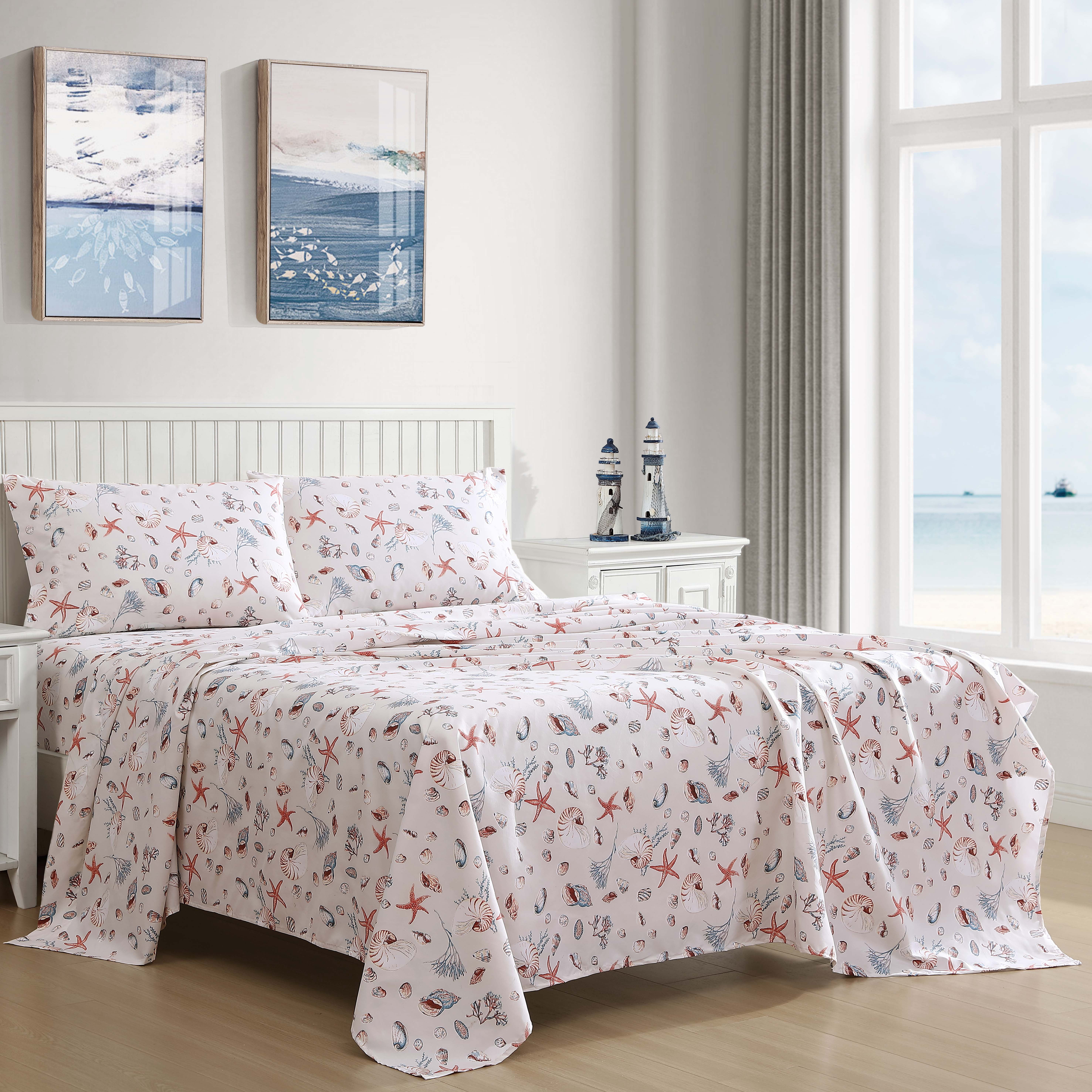 Beatrice Home Fashions Coastal Print Microfiber 4PC Sheet Set Queen Oceanside Sand