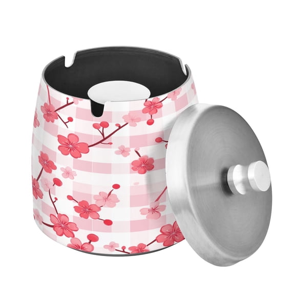 Ashtray with Lid for Cigarette, Stainless Steel Smokeless Odorless Windproof Ashtrays, for Home Office Tabletop Outside Patio Outdoor Balcony Cherry Checkered Pattern