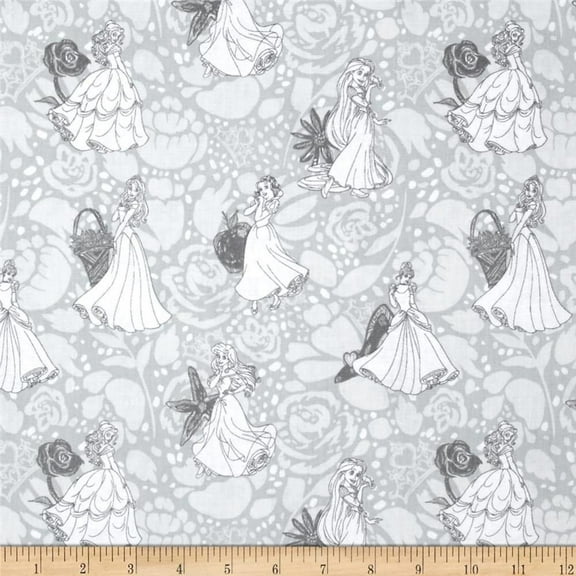 Eugene Textiles Quilt Fabric Disney Princess Line Drawing Grey Quilt Fabric by The yd