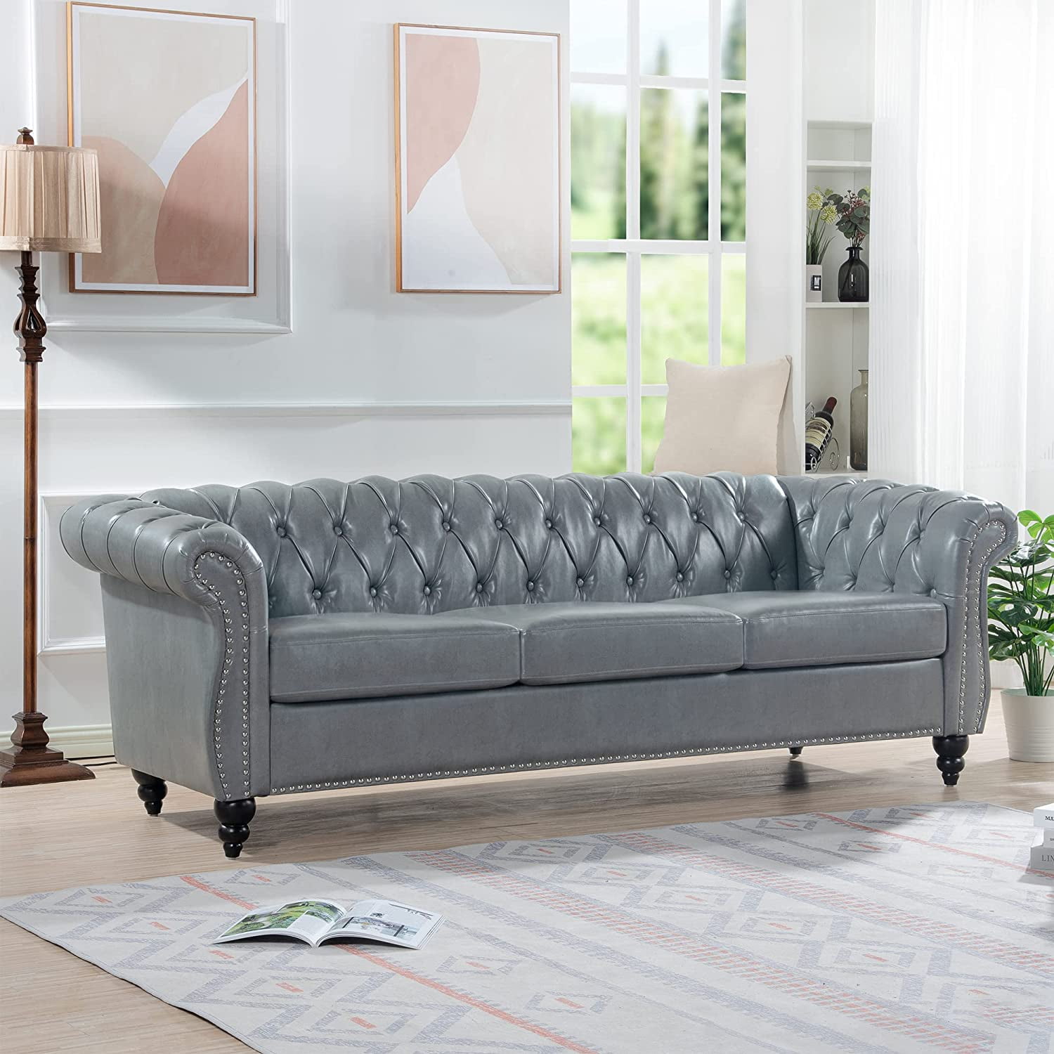 84" Chesterfield Luxury Leather Sofa, Upholstered PU Sofa with Tufted Back, Classic 3 Seater