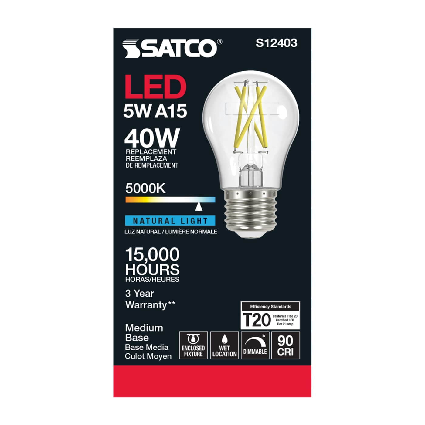 Satco S12403 A15 LED Filament Light Bulbs 5W 120V 5000K 90+ CRI E26 Medium Base Dimmable WET Location (6 Pack)
