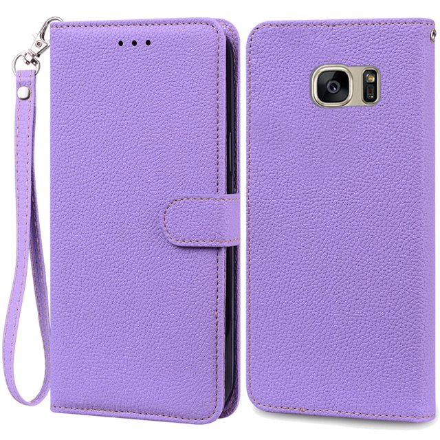 S7Edge Case For Samsung Galaxy S7 Case Leather Wallet On For Samsung S7 Edge Case Soft Flip Cover For Samsung S7 S 7 Edge Fundas Light Purple -Strap For Samsung S7