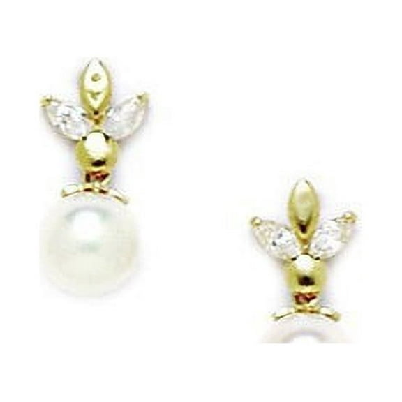 14k Yellow Gold White 5x5mm Freshwater Cultured Pearl and CZ Screw-Back Earrings - Measures 12x6mm