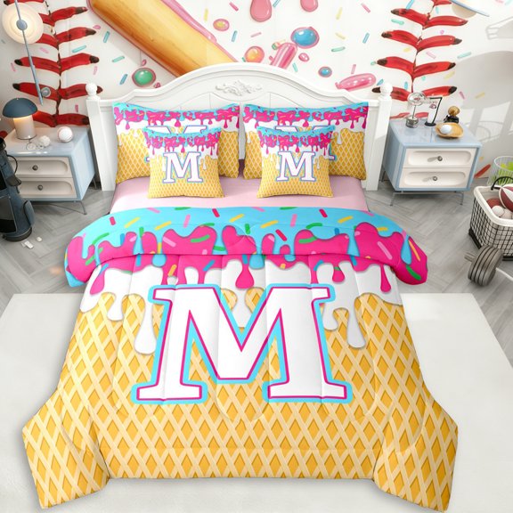Erosebridal Letter Monogrammed M Twin Bedding Sets 7-Piece For Teens Kids,Boys Girls Blue Pink Ice Cream Drip Dessert Bedding Comforter Set,Pink Reversible