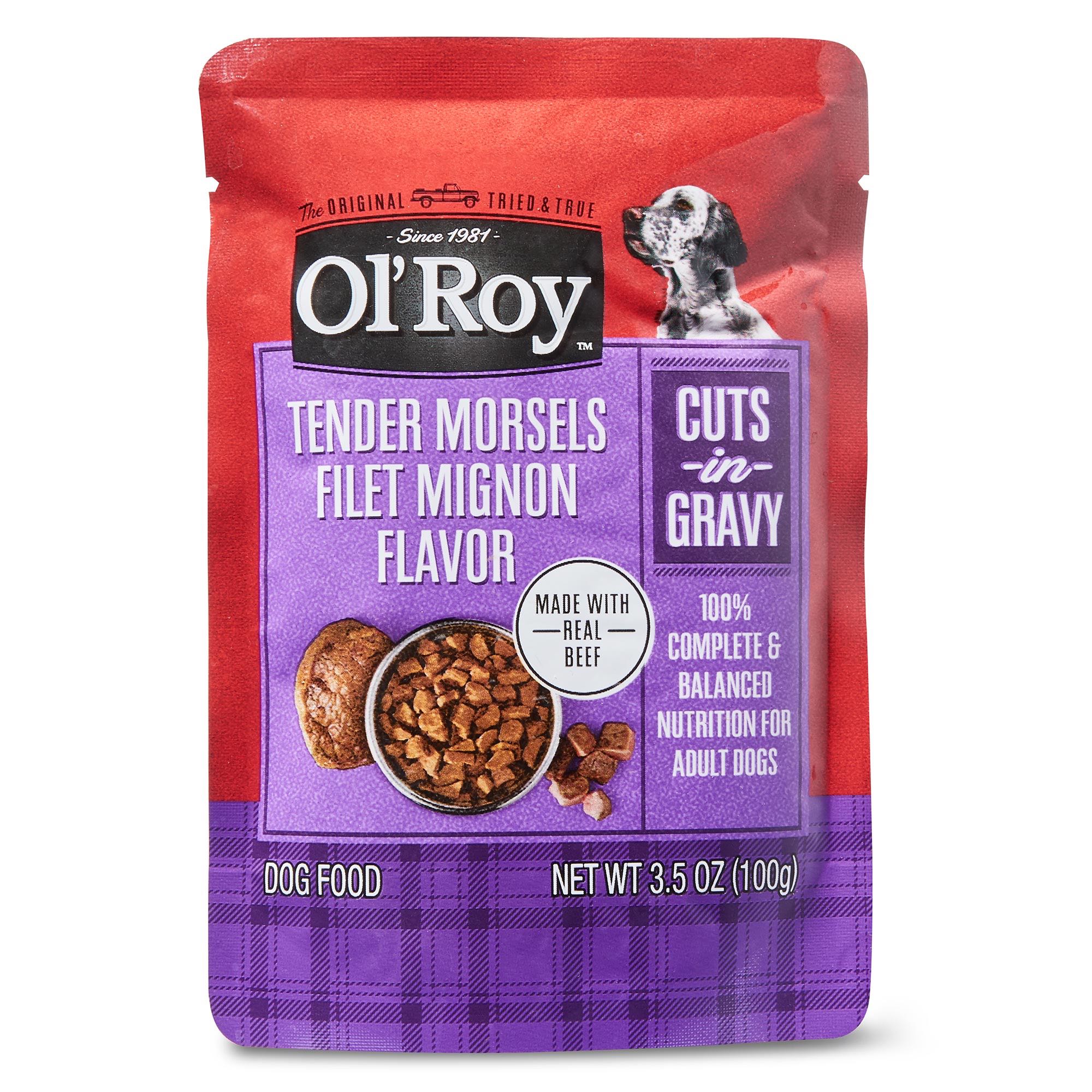 Ol' Roy Cuts in Gravy Beef Wet Gravy Dry Dog Food Low Protein, 3.5 oz Pouch