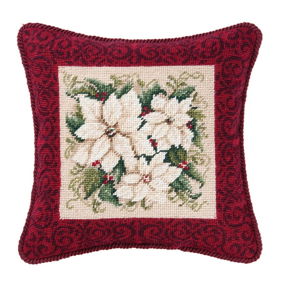 White Poinsettia Needlepoint Pillow, 14" x 14"