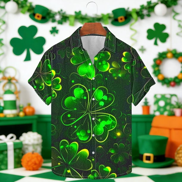 Ceisia Men's St. Patrick's Day Halo Four-Leaf Clover Print Short Sleeve Turndown Collar Stretch Casual Shirt Dark Gray XL Gifts