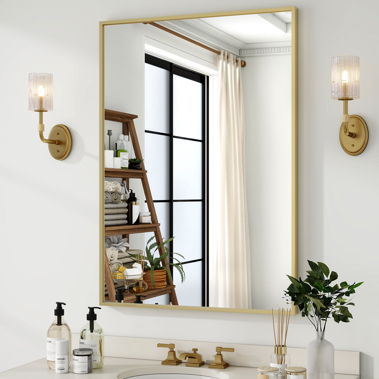 Easy4Home 38"x26" Rectangular Bathroom Mirror Decorative Wall Mounted Vanity Mirror, Gold