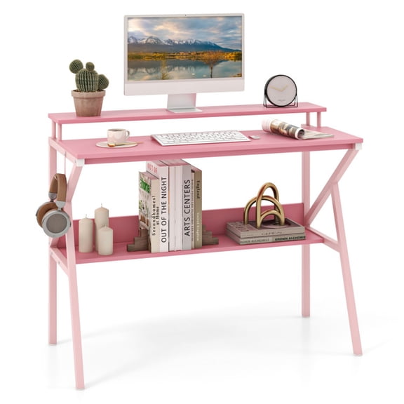 Furnibear Space Saving Computer Desk with Monitor Stand and Extra Storage Shelf for Work Study Home Office, Pink