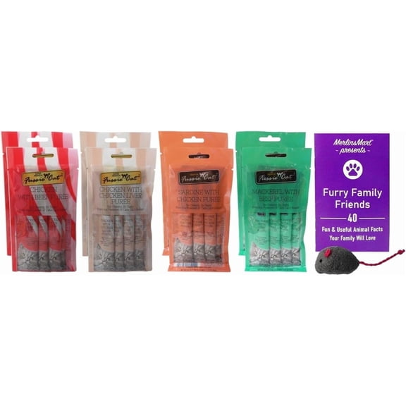 Premium Puree Topper 4 Flavor Variety, (2) Each: Chicken Beef, Chicken Liver, Mackerel Beef, Sardine Chicken  MerlinsMart Zine | Catnip Toy | Fussie Cat