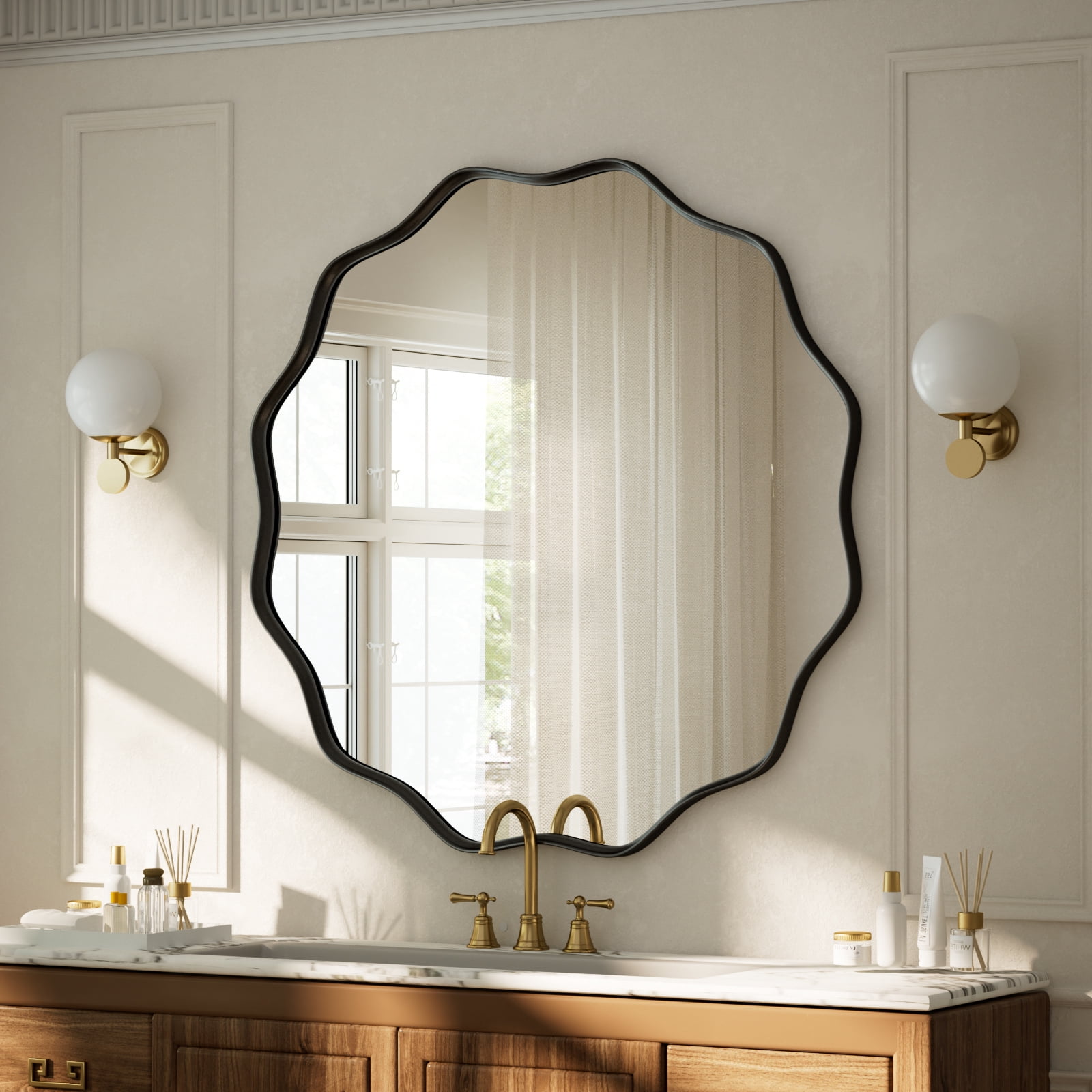 GRAHMCY 30" Wavy Round Bathroom Mirror Decorative Wall Mirror With Deep Frame, Black