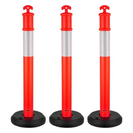 VEVOR 3 Pack Traffic Delineator Posts, 48 inches Traffic Safety Cones with Fillable Base and Reflective Strips, Heavy Duty Delineator Posts for Construction Site, Parking Lot, Crowd Control, Red