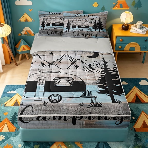 catabedysis Vintage Camping Zipper Twin Comforter Sets with Fitted Sheet and 2 Pillowcases,Mountain Camper Print Zipper Bedding Set For Boys,Multicolor,Light Gray Reversible,4 Pieces