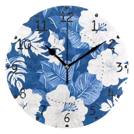Hawaii Style Blue Leaves White Florals Round Wall Clock Silent Analog Battery Operated Black Pointer Home Decor 9.84 Diameter