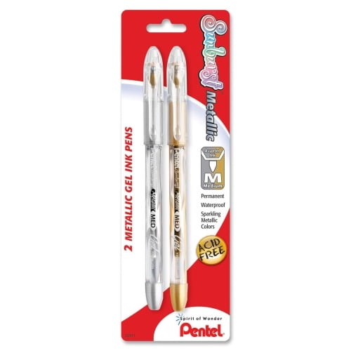 Pentel Arts Pentel Sunburst Metallic Color Permanent Gel Pens Medium Pen Point - 0.8 mm Pen Point Size - Refillable - Gold, Silver Gel-based Ink - 2 / Pack