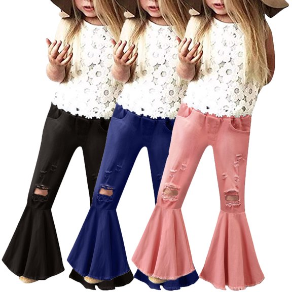 CAIXIA Girls Pants 1-16Y Girls Ripped Ruffle Hem Denim Bell Bottom Flare Jeans Toddler Teen Daily Casual Bottom Pants School Kids Clothes