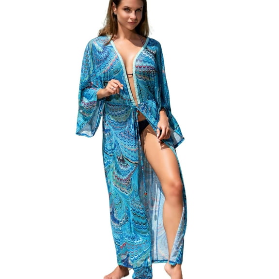 EDOLYNSA Blue Bohemian Printed Long Kimono Dress Women Sexy Swimsuit Bikini Cover-ups Summer Beach Wear Sarong Plage