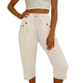 thumbnail image 6 of Women's Cotton Linen Cropped Pants, Mid Elastic Waist Drawstring with Button Detail Pocket, Casual Lightweight Straight Leg Loose Fit, Capri Pants for Women Summer Beach | VerBelle,Beige XL, 6 of 8