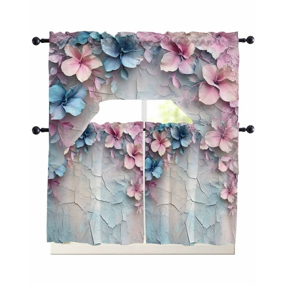 Pink Blue Flower Kitchen Curtains Swag Valance and Tier Curtains Set 24 Inch Length, Retro Mottled Walls Pastoral Country Rod Pocket Drape Panels Pair Swag Curtain for Bathroom/Cafe/Window