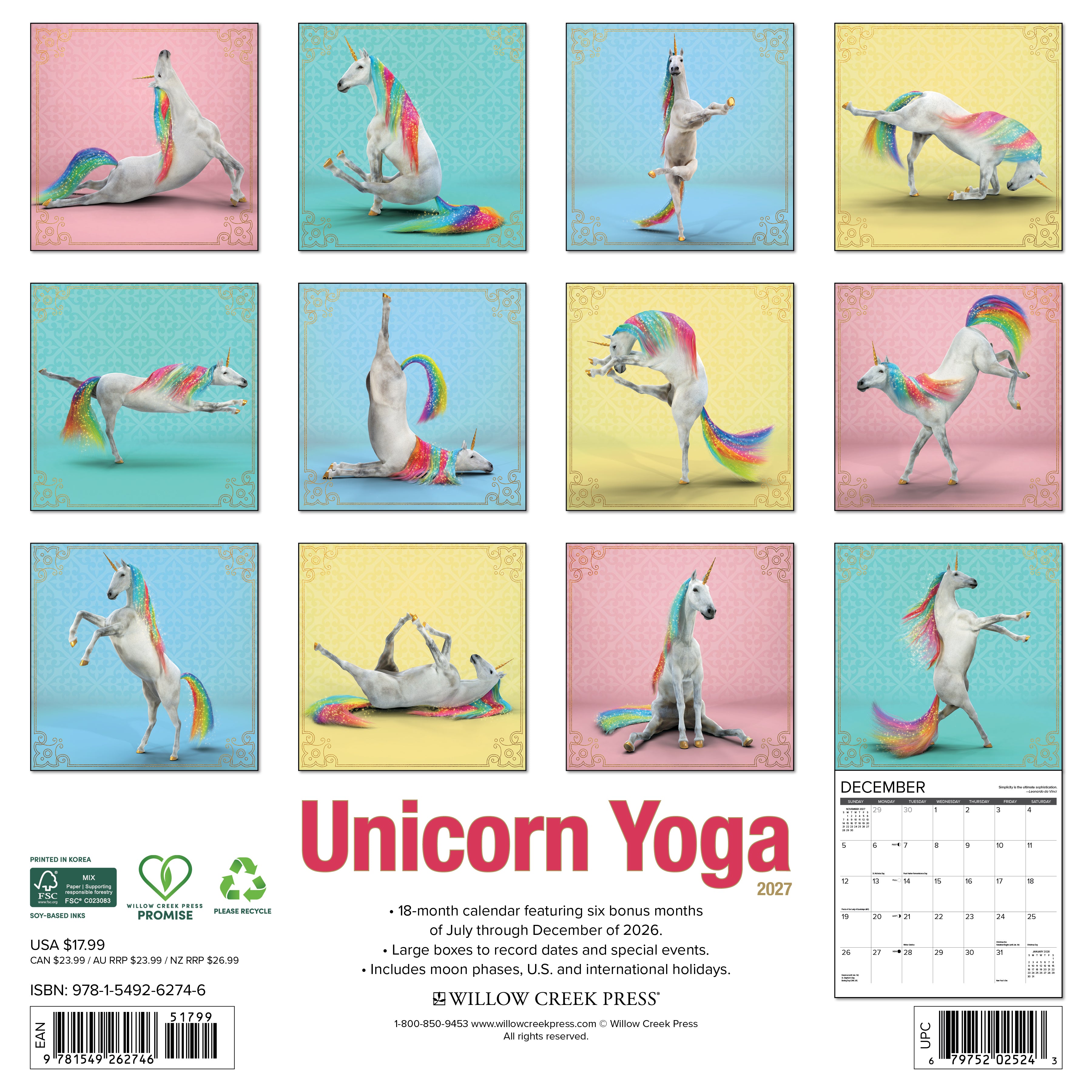 Willow Creek Press, Unicorn Yoga 2027 Wall Calendar