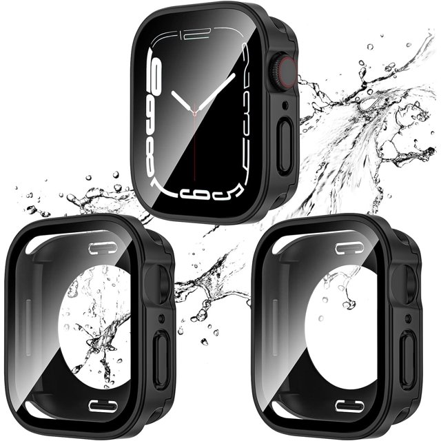 KOMI 2 Pack 2 in 1 Waterproof Case for Apple Watch Series 8 7 45mm, Straight Edge PC Front & Back Bumper with Tempered Glass Screen Protector 360 Protective Cover for iWatch (45mm)