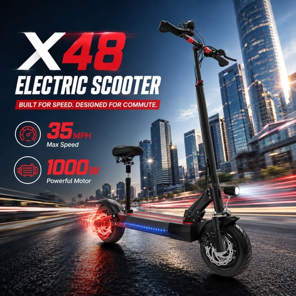 AJOOSOS X48 Adult Electric Scooter with Seat, 48V 1000W Motor, 35 MPH Top Speed, Commuting E Scooter