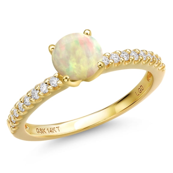 Gem Stone King 14K Yellow Gold White Ethiopian Opal and Lab Grown Diamond Engagement Ring for Women | 0.72 Cttw | Round Cabochon 6MM | Gemstone October Birthstone | Size 6