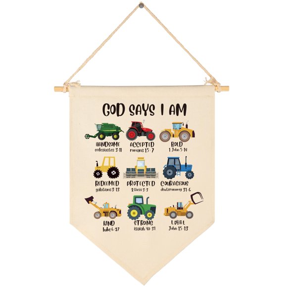 God Says I Am-Tema De Vehículo De Ingeniería-Regalo De Escrituras Para Bebés, Niños Y Niñas, Versículos Bíblicos Cristianos, Lienzo Colgante, Banderín, Decoración De Pared, Regalo Para Guardería, Habi