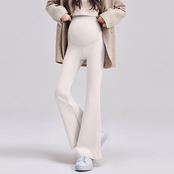 Maternity Trousers Over Bump Stretchy Lounge Work Pregnancy Yoga Pants Wide Leg Trousers with Pockets Beige M