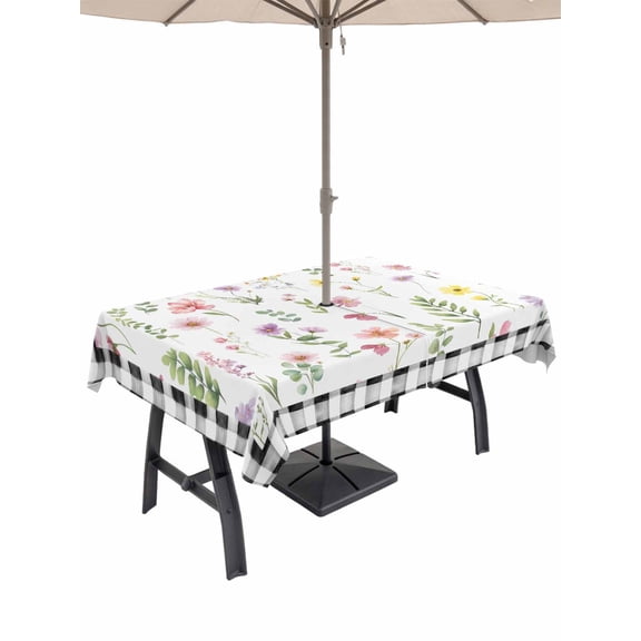 Outdoor Tablecloth with Umbrella Hole for Patio/Picnic/Party/Camping, Spring Floral Waterproof Table Cloth Rectangle Table Cover Washable, Pink Flowers Black White Plaid Pastoral (60"x 102")
