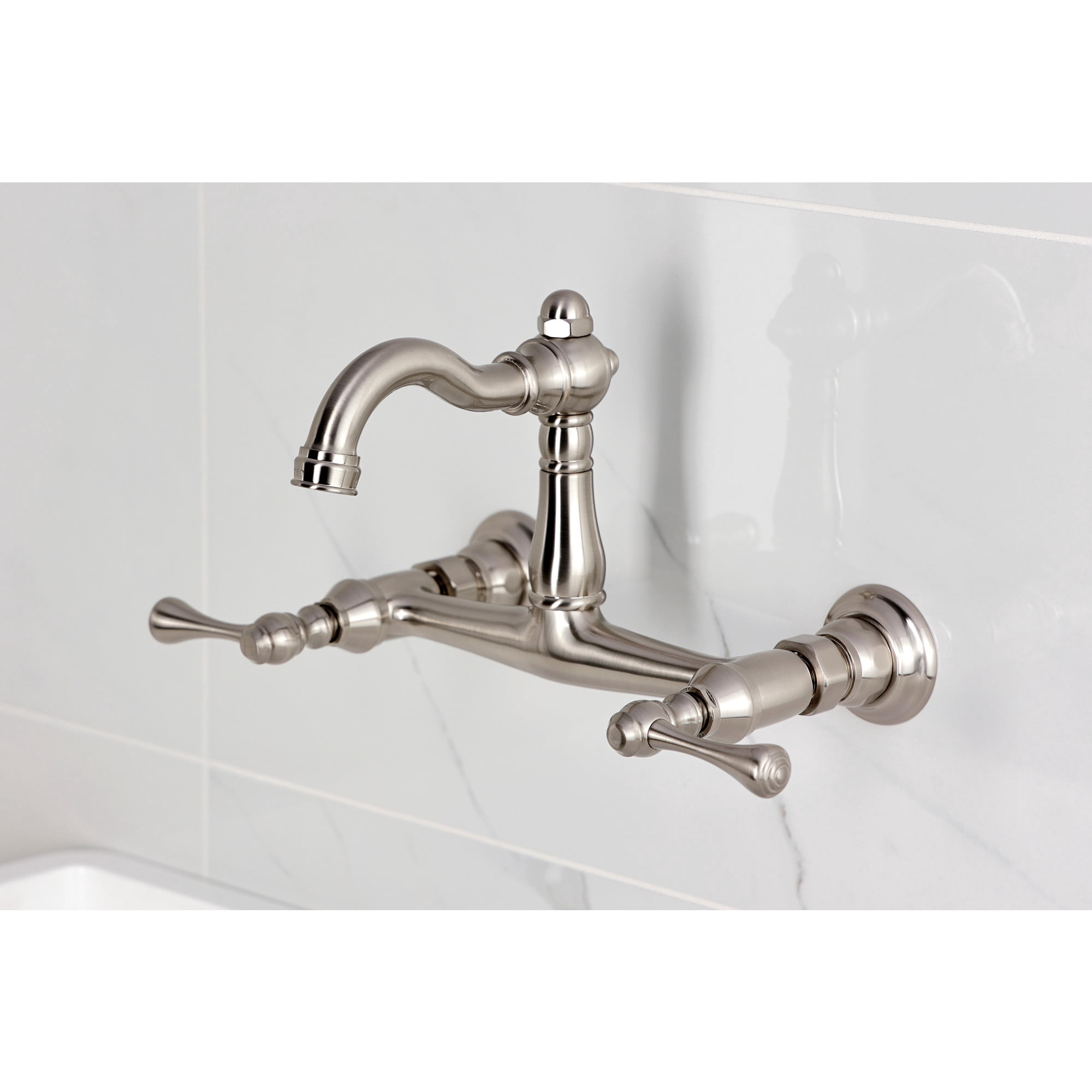 Kingston Brass KS3258BL Vintage Double-Handle Wall-Mount Bridge Kitchen Faucet, Brushed Nickel
