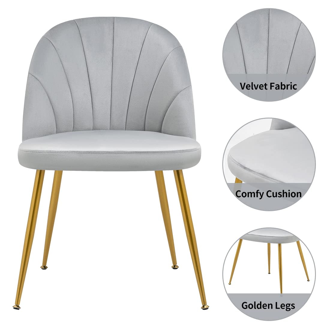 Newnno Velvet Modern Dining Chairs Set of 2, Upholstered Armless Accent Side Chair with Metal Legs for Kitchen Dining Room, Grey