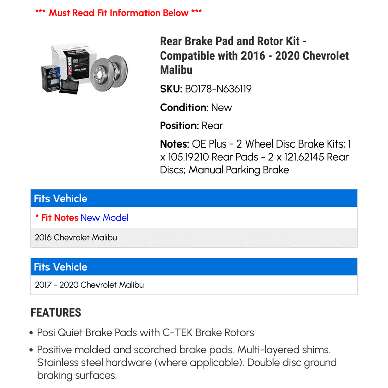 Rear Brake Pad and Rotor Kit - Compatible with 2016 - 2020 Chevy Malibu 2017 2018 2019