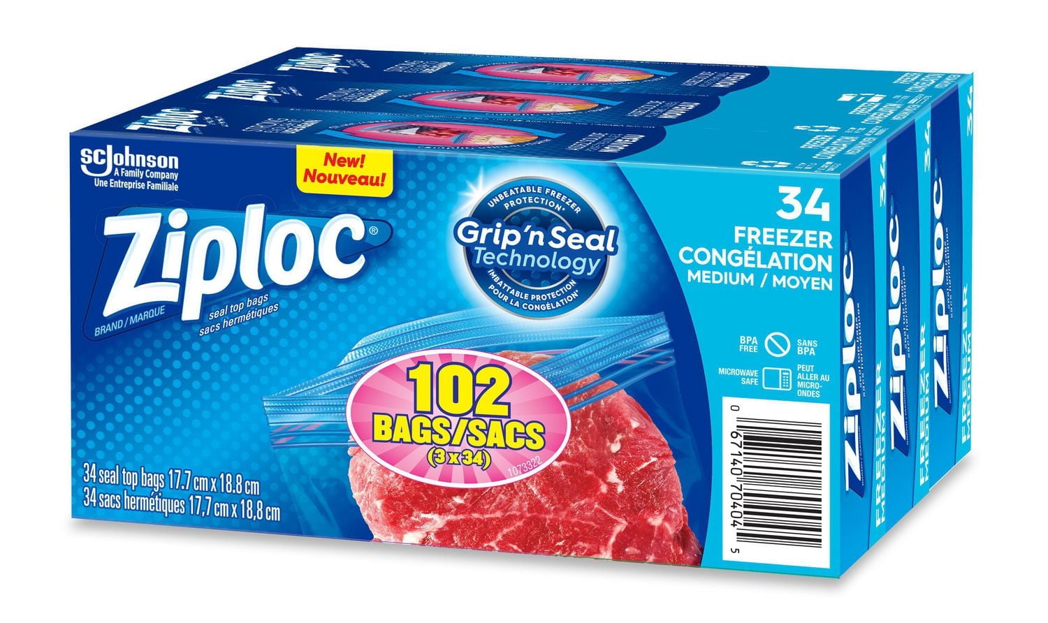 Ziploc Freezer Bags Medium 3 Pack, 3 x 34 Bags