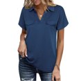 thumbnail image 2 of Top con cuello en V para mujer, elástico, suave, transpirable, retro, moda clásica, cuello en V, top de manga corta informal suelto para mujer, azul M, 2 of 6