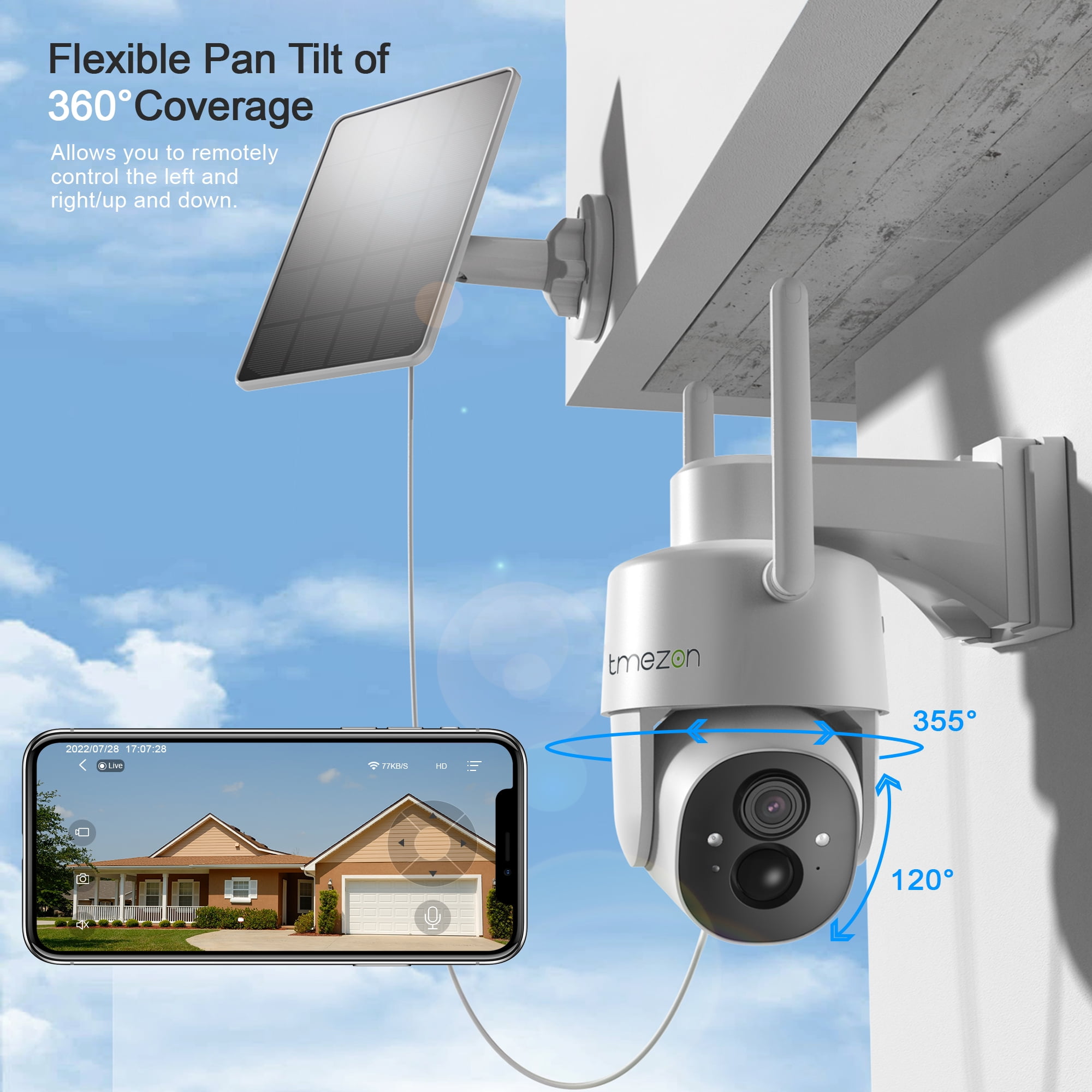 TMEZON Camera Surveillance WiFi Exterieure sans Fil Camera Solaire avec  Batterie