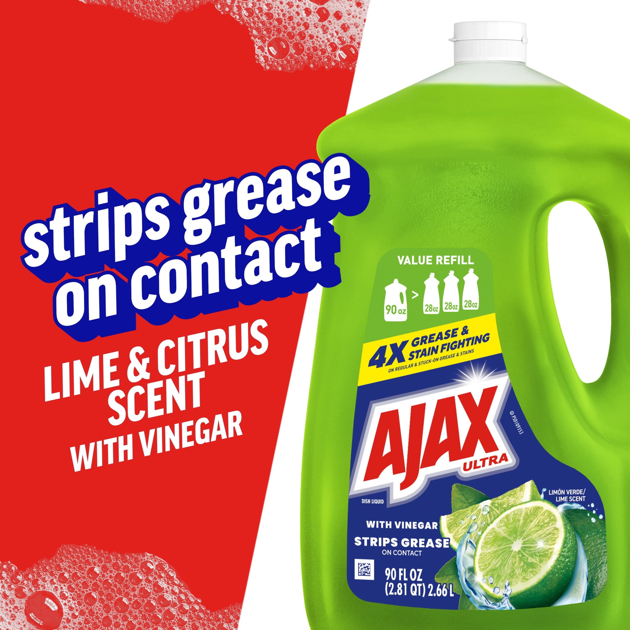 (4 pack) Ajax Ultra Liquid Dish Soap, Mess-Free, Easy-Flip Cap, Lime Scent with Vinegar, 90 fl oz
