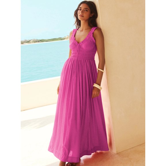 Beach Vacation Sleeveless Smocked Maxi Dress for Women
