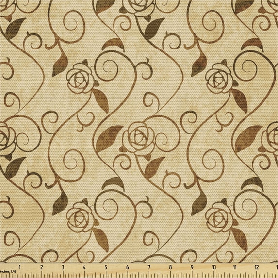 Rose Fabric by the Yard Upholstery, Blooming Delicate Flowers on Curled Stems and Leaves Grungy Effect Vintage Print, Decorative Fabric for DIY and Home Accents, 3 Yards, Tan and Caramel by Ambesonne