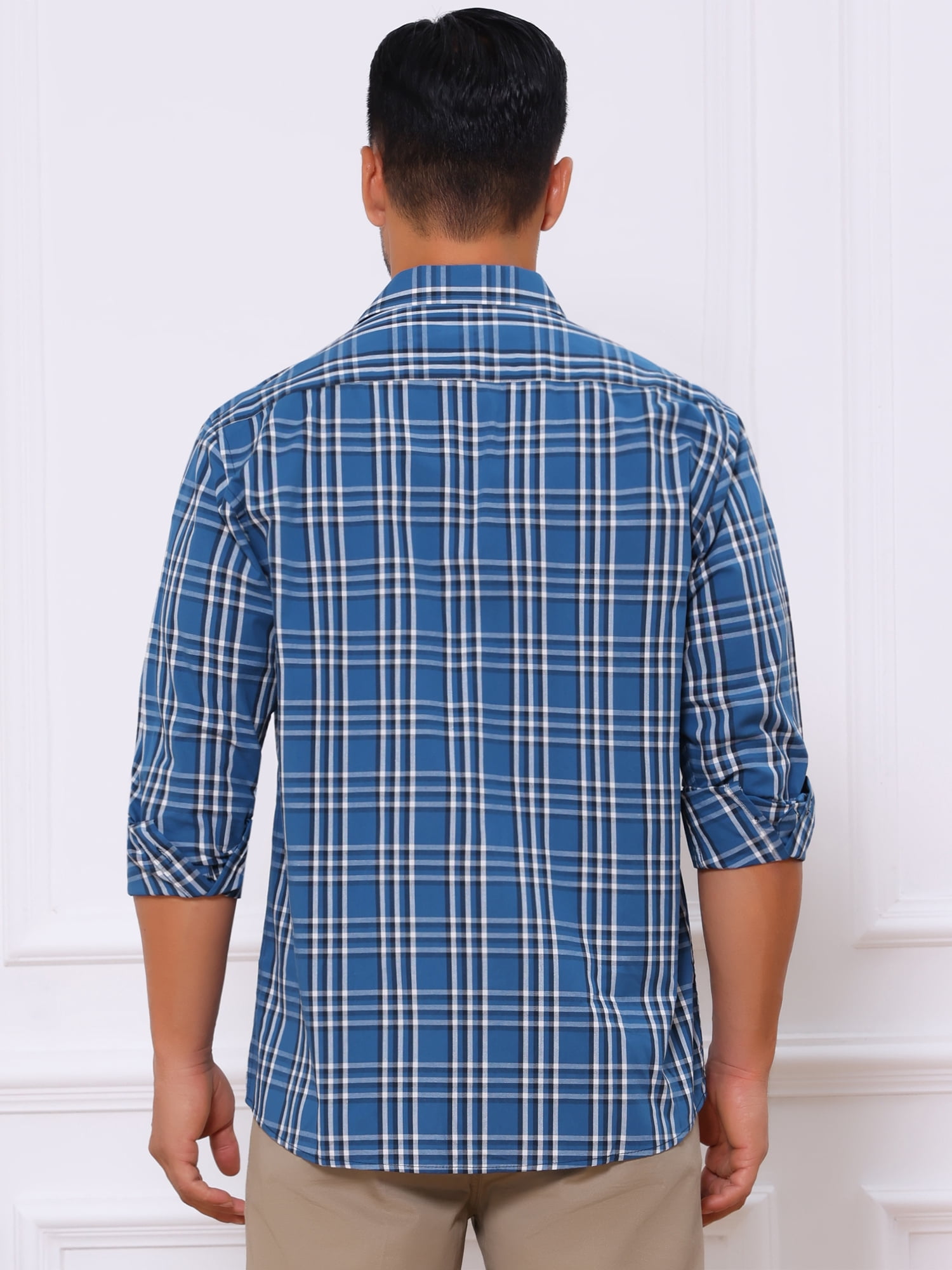 DARING DIVA Men's Long Sleeve Checked Shirt Point Collar Button Plaid Shirt S Dark Blue