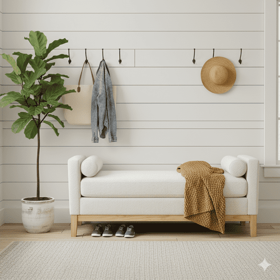 GOMYHOME Modern Boucle Upholstered Bench with Arms, Entryway/End of Bed Seating, White/Cream