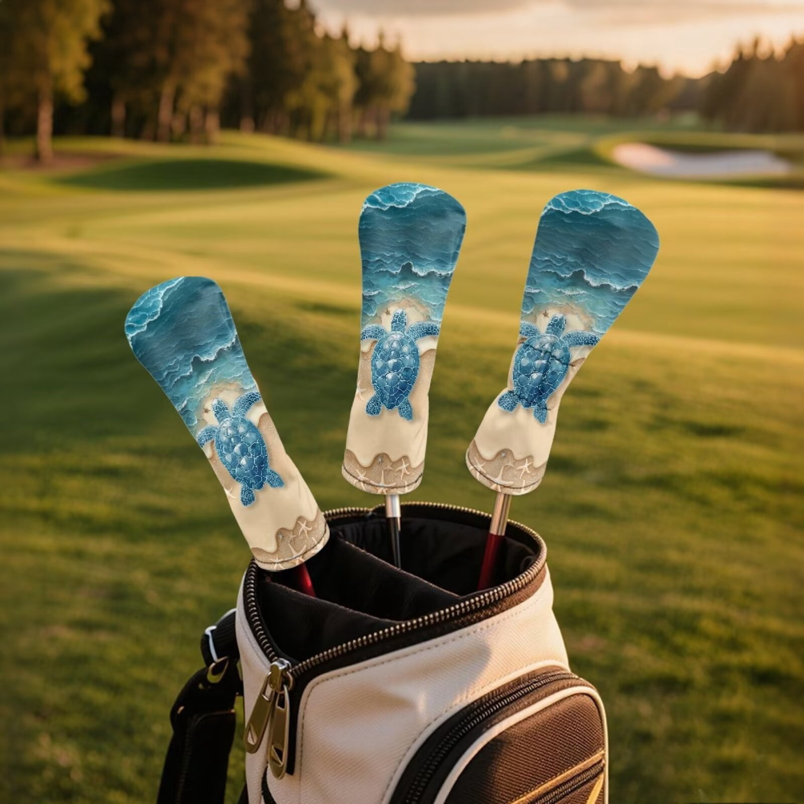 Uorisanigo Golf Club Head Covers Set of 3 Golf Club Covers for Driver, Woods and Hybrid, Accessories Premium PU Leather Beach Turtle Golfclub Headcovers, Gifts for Men Women