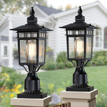17.6'' Outdoor Post Light 2 Packs, Black Pole Lantern Lighting Fixture Hard Wired, Waterproof Outdoor Column Lights Exterior Lamp Post Lantern with Glass for Garden Path(Not Include Mounting Base)