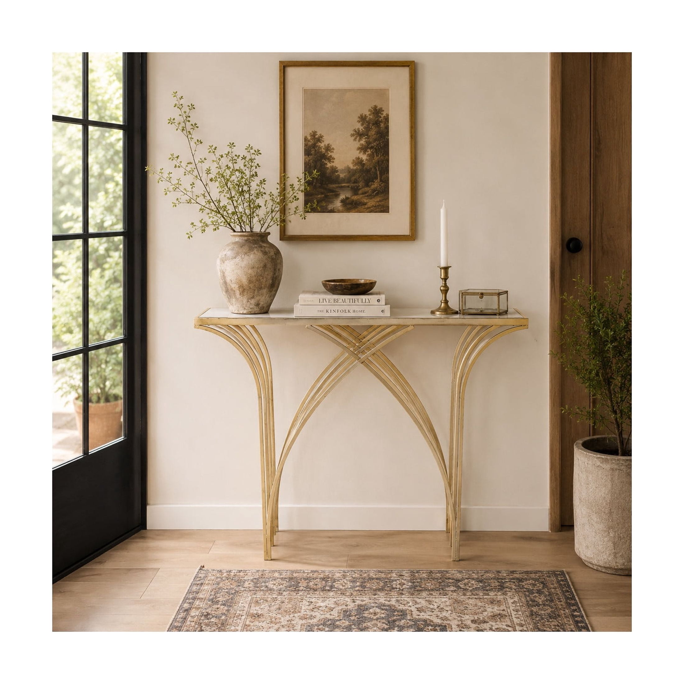 DecMode 41" x 31" Gold Metal Rectangular Geometric Console Table with Mirrored Glass Top, 1-Piece