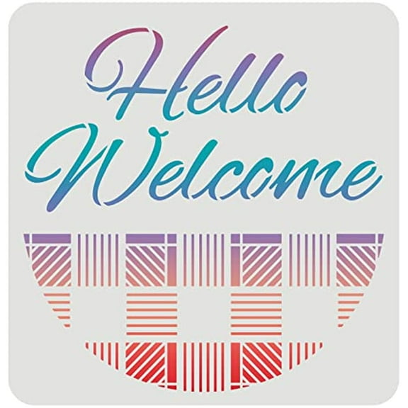 Hello Welcome Stencils 11.8x11.8inch Plastic Welcome Stencil Plaid Pattern Stencils Hello Script Stencil Paint Welcome Sign for Craft DIY Farmhouse Home Decor