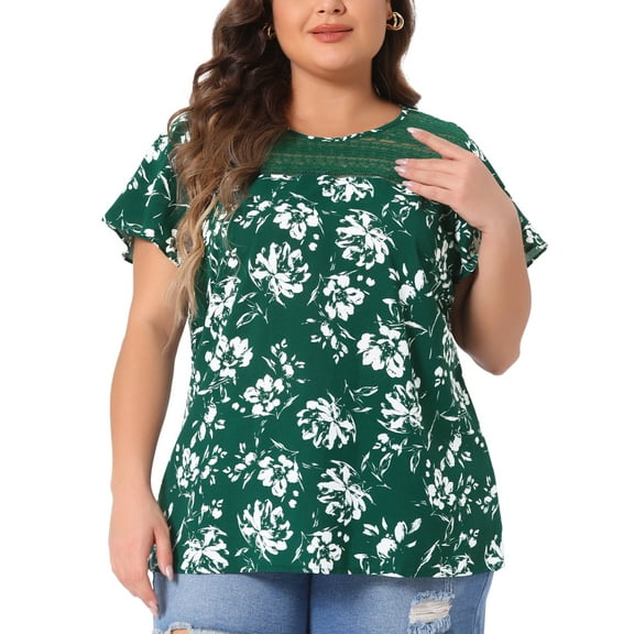 DARING DIVA Women's Plus Floral Lace Panel Flared Sleeve Blouse 1X Green